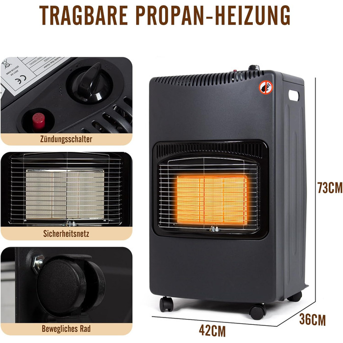 Керамічний газовий обігрівач Todeco потужністю 4200 Вт, чорний, 3 режими нагріву, включаючи регулятор тиску, газовий шланг, керамічний газовий обігрівач для балконів та добре провітрюваних приміщень у приміщенні та на відкритому повітрі