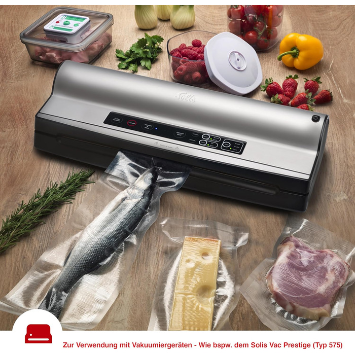 Рулони вакуумного пакувальника Solis 40 x 600 см для вакуумних пакувальників, 2 рулони для вакуумних пакетів для приготування та заморожування, нарізана за розміром та багаторазова вакуумна плівка, ідеально підходить для су-віду, 110 мкм, прозора