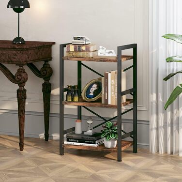 Рівнева промислова книжкова полиця, металева, невелика книжкова полиця, органайзер для зберігання для вітальні, спальні та домашнього офісу (сільський коричневий) 3 рівні, 3-