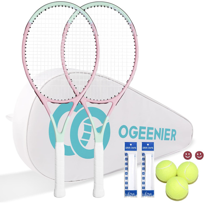 Тенісний набір OGEENIER Pink Lady 27" 2 ракетки 27 дюймів для дорослих жінок чоловіків початковий рівень + 3 м’ячі + 2 грип-стрічки + 2 віброгасники + рожева сумка повний комплект для 2 гравців легкий алюміній ITF-approved оригінал 2025