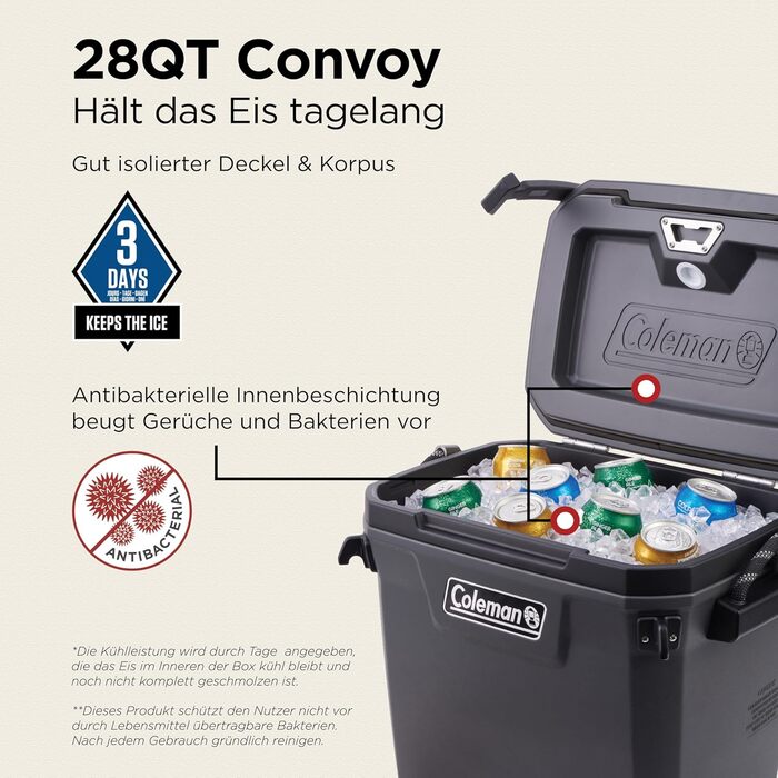 Потужний холодильник Coleman Convoy Місткість 27-22 л Зберігає лід до 5 днів Повна піноізоляція Великий портативний холодильник для використання на відкритому повітрі та будівельних майданчиках 28 кварт