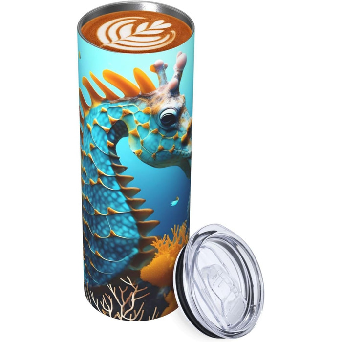 Кухоль з прямою трубочкою, 590 мл, принт синього морського коника, дорожній кухоль, підходить для кемпінгу, офісу та дому