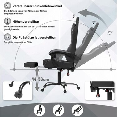 Ігрове крісло з масажем, підставкою для ніг та підголівником, ергономічне ігрове крісло з масажною поперековою подушкою, регульована спинка 90-135, м&39які підлокітники для геймерів - сірий, чорний та білий