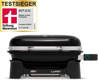 Компактний портативний електрогриль Weber Lumin Compact, до 315 C, з термометром на кришці, чавунними решітками з порцеляновим емалюванням, площа гриля 43 x 32 см, чорний (1502044), без підставки