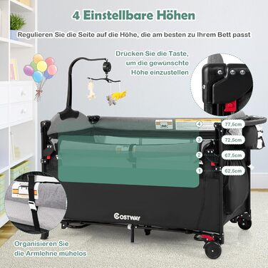 Дитяче ліжечко COSTWAY 5-в-1 120 x 60 см, 2-рівневе дорожнє ліжечко з матрацом, пеленальний килимок, іграшки, музична скринька та сумка для перенесення, складне бічне ліжко, мобільне, 4-рівневе регулювання для дітей вагою до 15 кг (чорне)