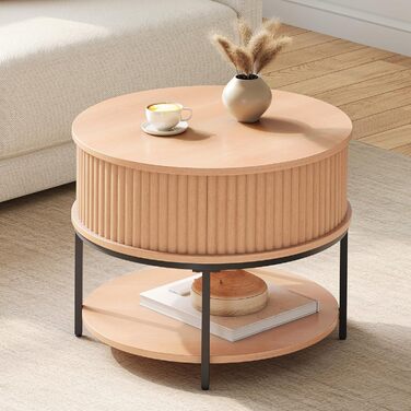 Журнальний столик з регульованою висотою, круглий журнальний столик з ребристим дизайном та прихованим місцем для зберігання, приставні столики для дивана Centro для вітальні, підйомна поверхня з дуба