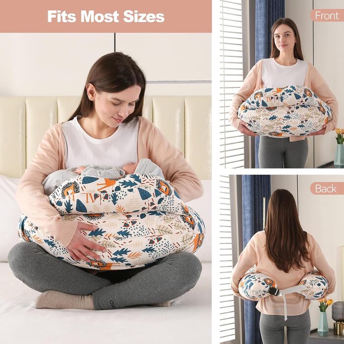 Подушка для годування, подушка для вагітних, багатофункціональна подушка для годування материнства з регульованим поясним ременем та захисними поручнями, чохол зі 100 бавовни (лев)