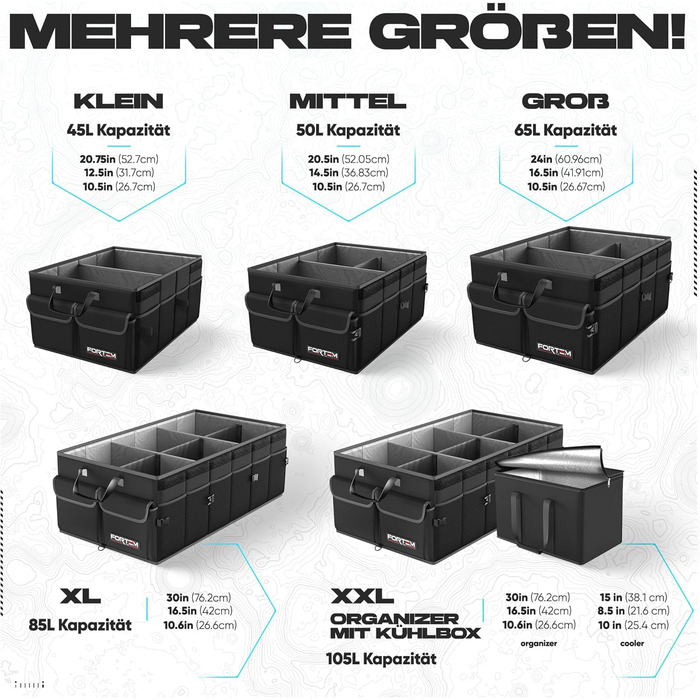 Органайзер для багажника FORTEM, сумка для багажника, складаний автомобільний органайзер з відділеннями, нековзним дном, регульованими ременями фіксації та відкидним кришкою (Чорний) Середній