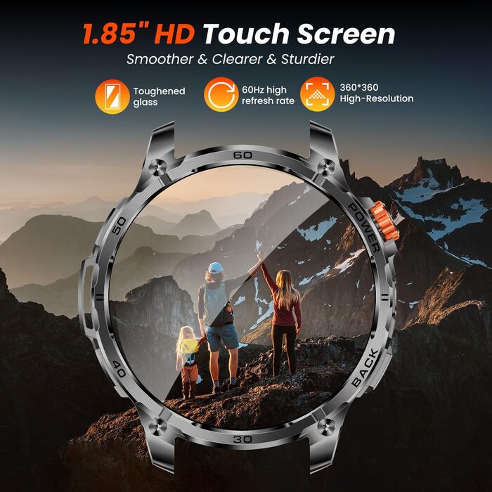 Чоловічий смарт-годинник із функцією телефону, годинник для спорту на свіжому повітрі 1,85-дюймовий HD смарт-годинник із пульсом, монітором сну, артеріальним тиском, крокоміром, фітнес-годинником із батареєю 1000 мАг, світлодіодним ліхтариком, сумісний з 