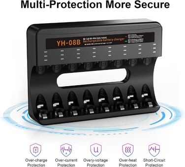 Акумулятори AA, 8 акумуляторів AA з 8 зарядними пристроями для швидкого заряджання, для Ni-MH батарей AA/AAA, 8 слотів для зарядки 8 AA