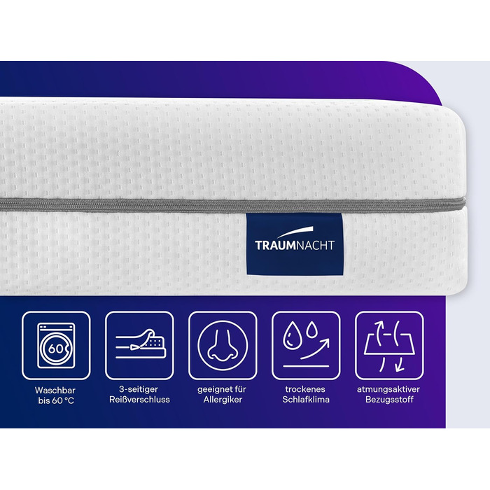 Ортопедичний матрац Traumnacht з 7-зонної холодної піни, рівень жорсткості 3 (H3 - жорсткий), сертифікований Oeko-Tex, 140 x 200 см, висота 16 см, виготовлений відповідно до німецьких стандартів якості 140 x 200 см, рівень жорсткості H3 - середньо-жорстки