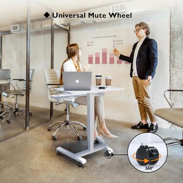 Стіл з регульованою висотою та підставкою для клавіатури, мобільний подіум, комп&39ютерна робоча станція до 15 кг, стіл для роботи з ноутбуком сидячи або стоячи на колесах, стіл з регульованою висотою для роботи стоячи, білий