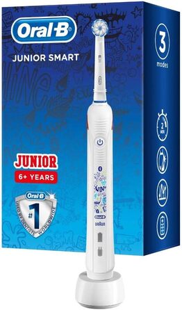 Розумна електрична зубна щітка Oral-B Junior для дітей віком від 6 років, 3 режими чищення та додаток Bluetooth для догляду за зубами, розроблений Braun, білий