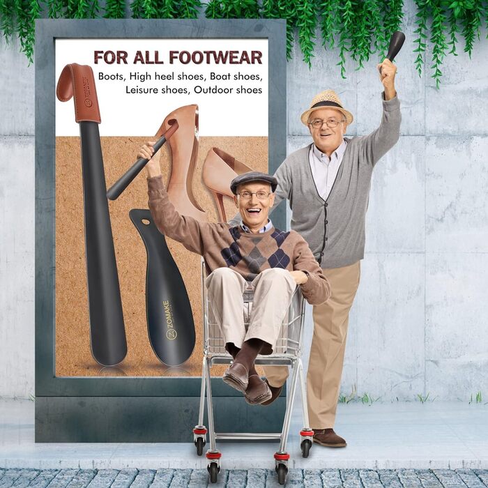 Металевий ріжок для взуття ZOMAKE Набір з 2 - 42 см чорний довгий ріжок для взуття з нержавіючої сталі зі шкіряним ремінцем, 19 см