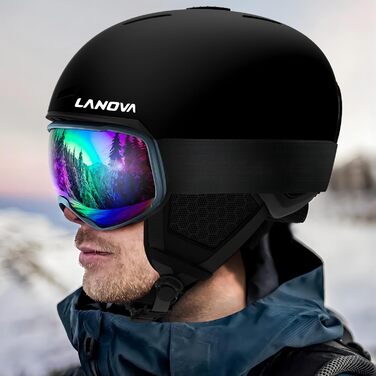 Лижний шолом, шолом для сноуборду для чоловіків, жінок та молоді, регульований шолом з системою вентиляції, знімні амбушури, легкий та ударостійкий для зимових видів спорту, розмір M, чорний