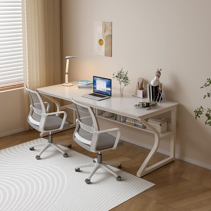 Подвійний довгий письмовий стіл із полицями 160 см ПК-стіл для 2 осіб, сучасний комп&39ютерний стіл, офісний стіл для дому та офісу, білий 160 x 60 см