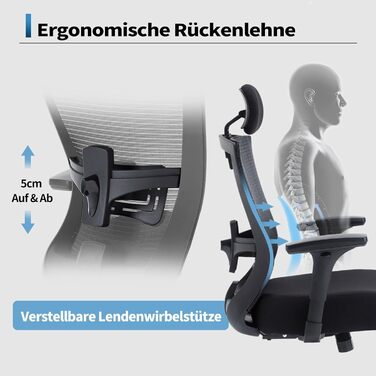 Офісний стілець Bosmiller 200 кг, ергономічний стілець XXL, обертовий стілець з 3D-підлокітниками, регульованим підголівником, крісло керівника, сітчастий офісний стілець, сірий