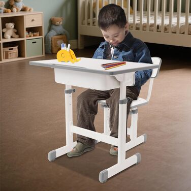 Дитячий письмовий набір, дитячий стіл з регульованою висотою (стіл 64-76 см, стілець 36-42 см), стіл з гачками, шухлядою та лотком для ручок для дітей віком 3-18 років, навчання письму та малюванню (кремово-білий)