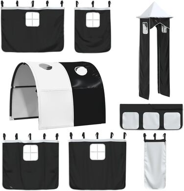 Меблі для дому Інструменти Дитяче ліжко-горище з вежею, біло-чорне, 90 x 200 см, масив дерева, сосна