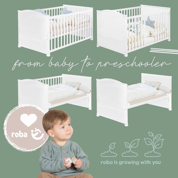 Дитяче ліжко roba 70x140 см Woodland Buddies Дитяче ліжко-трансформер з аксесуарами Вкл. матрац, балдахін та комплект постільної білизни 100x135 см Білий/Зелений Для немовлят та малюків Білий / Woodland Buddies