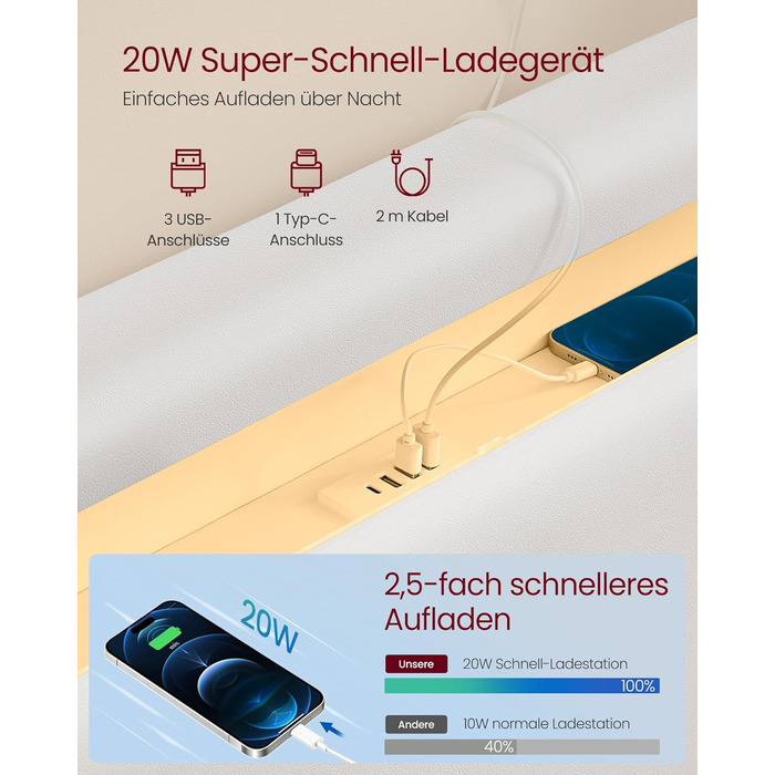 Каркас ліжка VASAGLE, каркас двоспального ліжка, 140 x 200 см, візуальний ефект плаваючого ліжка, ліжко зі світлодіодним освітленням, високе узголів&39я, зарядна станція, сучасний, хмарно-білий RMB864W01