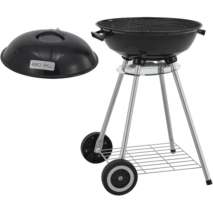 Гриль-барбекю Apricena на вугіллі, круглий, з візком, решітка з емальованої нержавіючої сталі, садовий гриль, 2 колеса, знімний кришка, 80 x 49 x 47 см, чорний