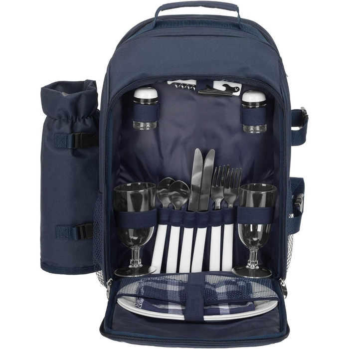 Рюкзак для пікніка anndora, набір з 15 аксесуарів ковдра для пікніка, синьо-біла смужка, темно-синій та білий