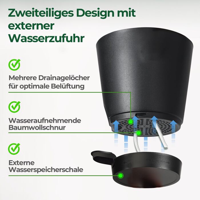 Пластиковий квітковий горщик T4U 16,5 см з системою поливу, набір із 6 самополивних кашпо з блюдцями, круглі кашпо для кімнатних та балконних садових рослин, сукулентів, кактусів, чорний 16,5 см чорний