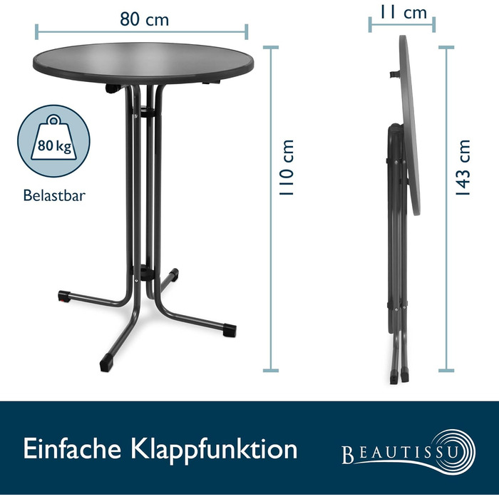 Розкладний стіл Beautissu 80 см Чорний Bellini Стійкий до подряпин, Стабільний, Захист від атмосферних впливів Стіл для бістро на вулиці, Круглий, Легке складання, Попередньо зібраний кронштейн Пивний стіл, Стіл для вечірок, Складаний барний стіл Ø 80 см 