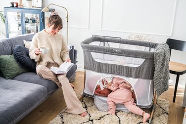 Дитяче ліжечко Momi SMART Bed 4-в-1 до 15 кг, приліжкове ліжечко для немовлят з матрацом, регульована висота, сірого кольору, одномісне