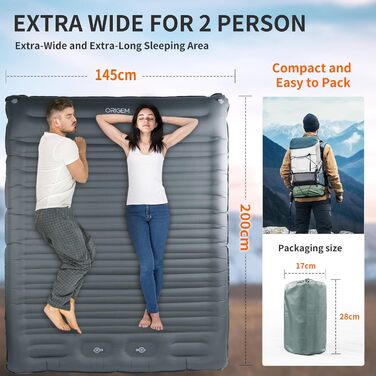 Самонадувальний килимок для сну Origem для 2 осіб, надлегкий надувний матрац 14 см для кемпінгу, надувний, невеликий розмір упаковки з ножним насосом, великий матрац для намету, рюкзака, походів та кемпінгу, сірий
