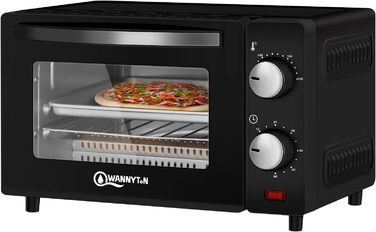 Міні-піч WANNYTON, духовка 10 л, 650 Вт, 100-230 C Таймер 0-60 хв. включно Деко для випікання Ручка для зняття решітки гриля, подвійні скляні дверцята, духовка для піци Торт Хліб, 36,5x22,28,5 см 10 л Чорний