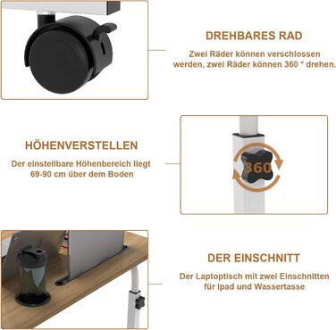 Стіл для ноутбука 60x40 см, стіл з регульованою висотою, комп&39ютерний стіл, мобільний стіл для ноутбука з поворотними колесами, слотом для карток та підставкою для чашок для спальні, офісу (колір дерева)