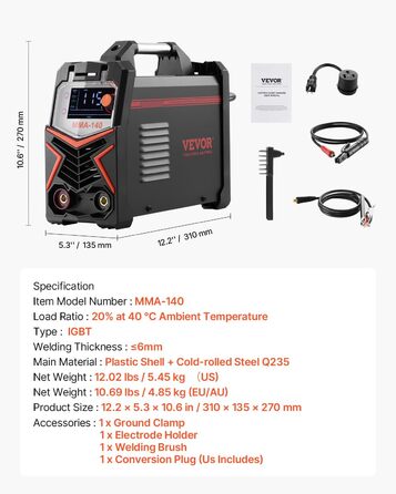 Зварювальний апарат VEVOR TIG 4-в-1 (великий LED-дисплей) DC-Pulse TIG / DC-Pulse MMA / Lift TIG / MMA, інвертор з синергетичним керуванням IGBT, функція гарячого старту, 140А