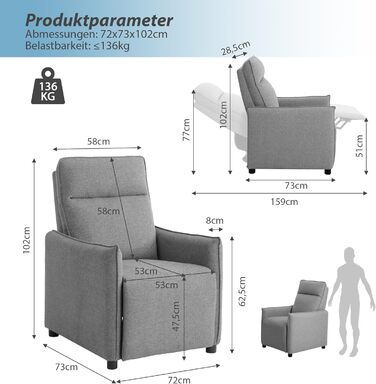 Крісло-реклайнер з регульованою спинкою, стильне темно-сіре крісло для відпочинку, крісло-реклайнер, крісло для телевізора, сірий поліестеровий дерев&39яний диван, шезлонг для вітальні, крісло для телевізора, диван для кінотеатру, 72 x 73 x 102 см