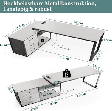 Стіл Devoko L-подібної форми з розетками та USB-портами, ігровий стіл 140 см з полицями, кутовий комп'ютерний стіл, домашній офіс,