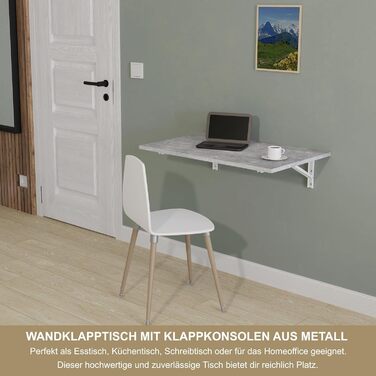 Настінний розкладний стіл KDR 80x50 см, під бетон Складаний стіл для настінного монтажу як обідній стіл, письмовий стіл, кухонний стіл або робоча зона Компактний та універсальний, сірий