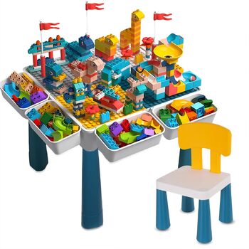 Дитячий стіл 7-в-1, комплект дитячого столу та стільця, стіл з будівельних блоків, багатофункціональний робочий стіл, розвивальна іграшка для розвитку дитини, двостороння стільниця (з 548 будівельними блоками)