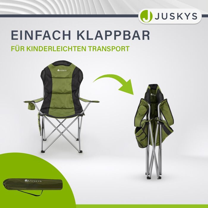 Складаний кемпінговий стілець Juskys Lido з тримачем для напоїв, бічною кишенею та сумкою для перенесення - М&39який складний кемпінговий стілець з підлокітниками та спинкою - 4 кольори зеленого кольору