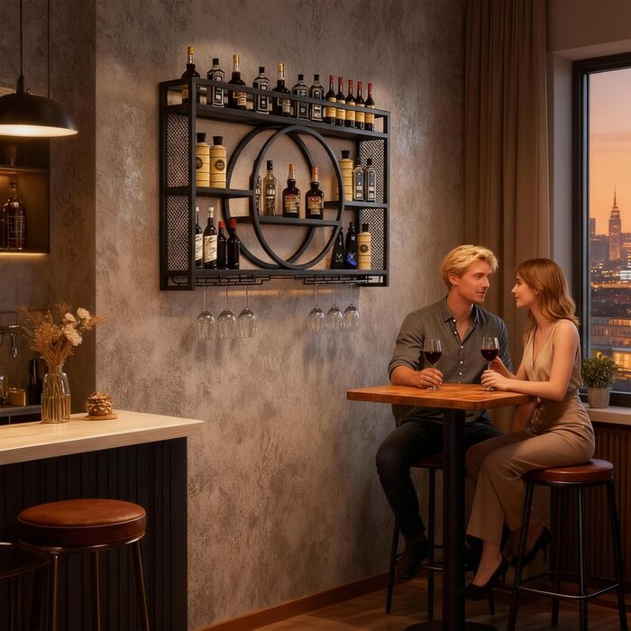 Металева винна полиця, підвісна полиця для пляшок барні полиці, настінні винні полиці для бару, ресторану, використання в приміщенні (чорна, 100 * 15 * 80) 100*15*80 чорний