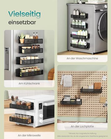 Магнітна полиця для спецій SONGMICS, набір з 4 шт. , 2 великі та 2 малі полиці, органайзер для спецій без свердління, магнітна полиця, для кухні, холодильника, мікрохвильової печі, пральної машини, чорний колір KCS061B01, легована сталь чорного кольору