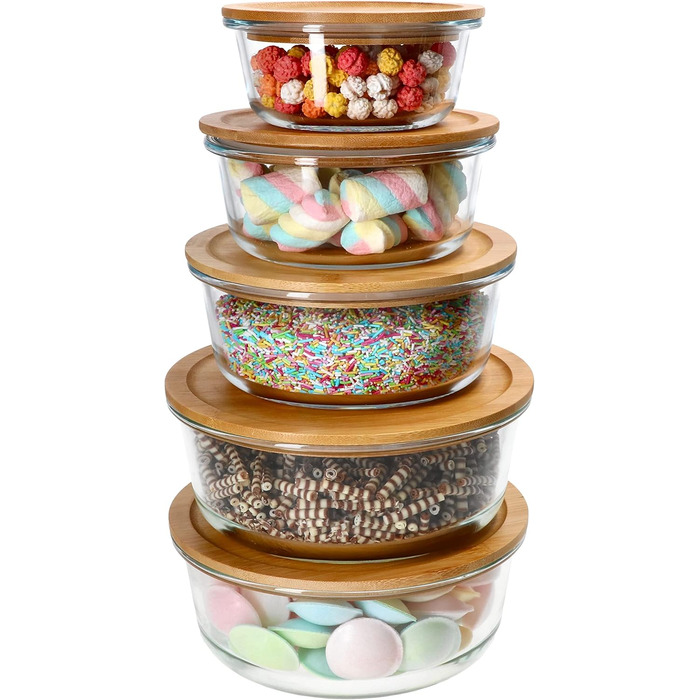 Круглі контейнери для зберігання Ritzenhoff & Breker Esperanza, 5 шт. Скляні банки з дерев&39яними кришками 2 шт. по 1,25 л, по 900 мл, по 620 мл та по 300 мл Кришка з екологічно чистого бамбука зі скляною мискою Контейнер для делікатесів, хлібниця