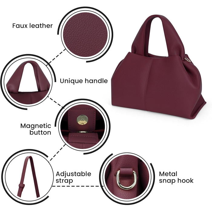 Сумка JQWYGB Cloud Pouch, сумка для пельменів, клатч, сумка, жіноча сумка-тоут, сумка через плече, ретро-сумка через плече зі знімним ремінцем, бордовий