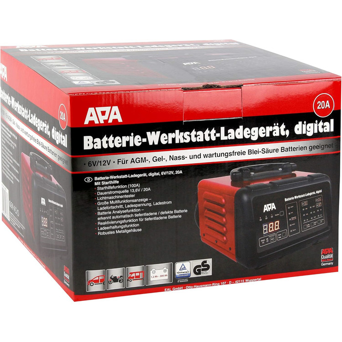 Зарядний пристрій для майстерні цифровий, зі швидким стартом, функцією утримання заряду, 20 А, червоний, чорний, струм заряду 20 А