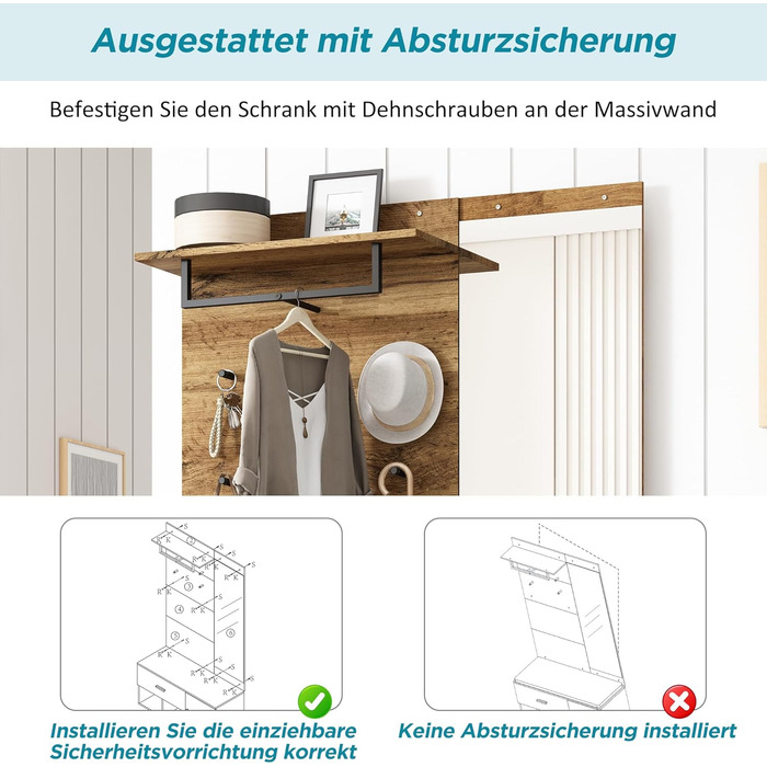 Набір вішалок для одягу Ymkua настінна вішалка, набір вішалок для передпокою з підставкою для взуття, дзеркалом і подушками, набір