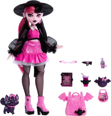 Лялька Monster High Дракулаура з її домашнім котом-летючою мышью, графом Фебулозом, та аксесуарами, такими як рюкзак, книга заклинань, коробка для бенто та багато іншого, HRP64