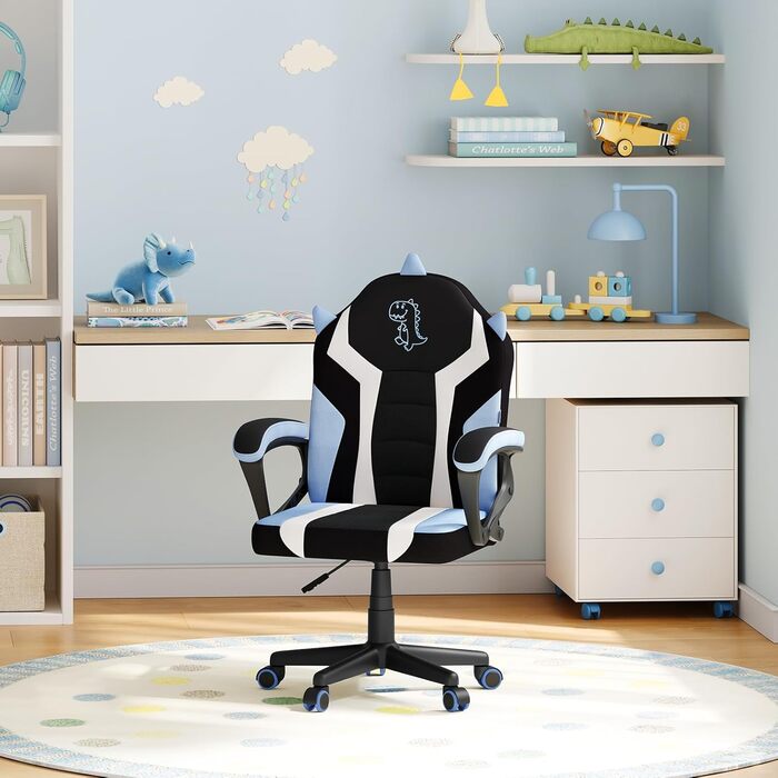 Ігрове крісло WOLTU для дітей, ергономічне дитяче робоче крісло зі спинкою та підлокітниками, для дитячих кімнат, з універсальними колесами та колесами з обважнювачами, сітчаста тканина, синій колір