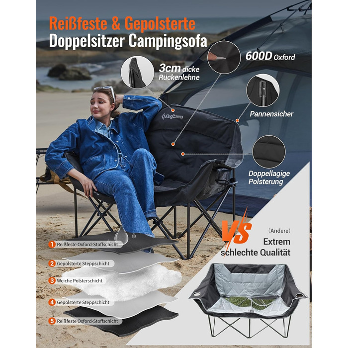Розкладний кемпінговий диван KingCamp (до 300 кг), розкішне розкладне кемпінгове крісло для 2 осіб, м&39який кемпінговий диван з підлокітниками, подвійне кемпінгове крісло з високою спинкою, 1-, 2- та 3-місна кемпінгова лавка для саду або балкону (L - чор