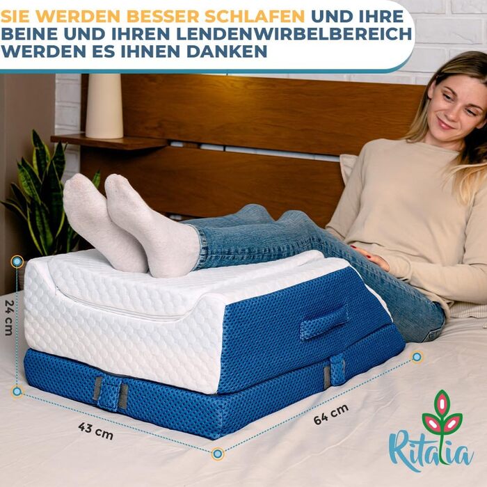 Подушка для підняття ніг Ritalia, з піни з ефектом пам&39яті, 64x43x24 см Регулювання висоти у 3 напрямках, дихаюча, чохол, який можна прати Полегшення підняття ніг, підтримка ніг, синій