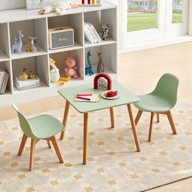 Дитячий стіл з 2 стільцями, дитячий комплект сидіння, виготовлений з масиву бука, сертифікованого FSC, для дітей віком від 1 до 6 років, дитячі меблі для дитячих кімнат та дитячих садків, зелений